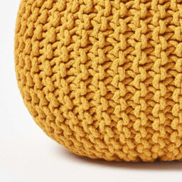 Homescapes Mustard Round Cotton Knitted Pouffe Footstool - thumbnail 4