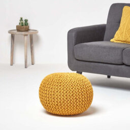 Homescapes Mustard Round Cotton Knitted Pouffe Footstool - thumbnail 2