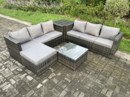 Fimous 7 Seater Rattan Garden Furniture Sofa Set With Side Table Square Coffee Table Big Footstool Indoor Outdoor Rattan Set - thumbnail 2
