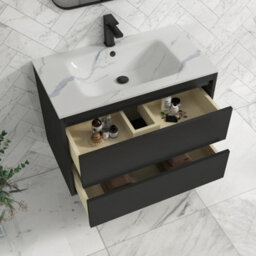 Royal Bathrooms Orion 800mm Wall Hung Bathroom Vanity Unit 2 Drawer Hale Black With Carrara White Basin & Black Accent Trim - thumbnail 6