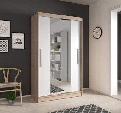 Arte Modern Oak Sonoma & White Sliding Door Wardrobe W1200mm H2000mm D610mm With Mirrored Design - image 1