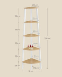 Songmics Corner Shelf, Bookcase With 5 Tiers, Ladder Shelf, Storage Shelf, With Steel Frame, Natural Oak Matte White - thumbnail 2