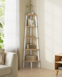Songmics Corner Shelf, Bookcase With 5 Tiers, Ladder Shelf, Storage Shelf, With Steel Frame, Natural Oak Matte White - thumbnail 1
