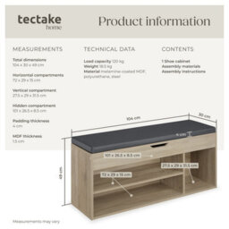 Tectake Shoe Rack Natalya - 4 Storage Spaces, Bench Seat Cushion, For 9 Pairs Of Shoes - 104 Cm - Wood Light, Oak Sonoma - thumbnail 6