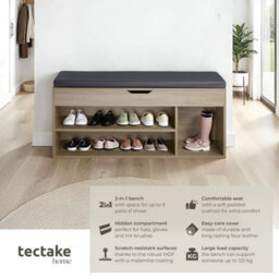 Tectake Shoe Rack Natalya - 4 Storage Spaces, Bench Seat Cushion, For 9 Pairs Of Shoes - 104 Cm - Wood Light, Oak Sonoma - thumbnail 2