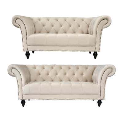 Bravich Cambridge Chesterfield 2 & 3 Seater Sofa Set - Velvet Cream - image 1