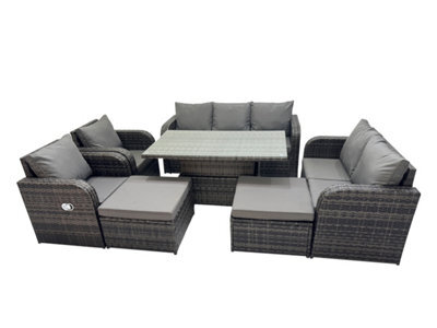 Fimous Rattan Garden Furniture Dining Set 9-Seater Patio Height Adjustable Rising Lifting Table Sofa Sets With 2 Big Footstool - image 1