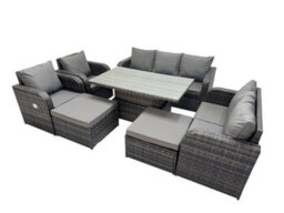 Fimous Rattan Garden Furniture Dining Set 9-Seater Patio Height Adjustable Rising Lifting Table Sofa Sets With 2 Big Footstool - thumbnail 2