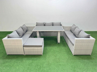 Fimous Patio Outdoor Garden Furniture Sets With Black Glass Top Dining Table 3 Seater Sofa Side Table Big Stool Light Grey - image 1