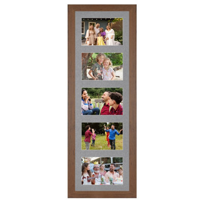 AK Frames 26X8 Walnut Modern Multi Photo Frame With Mid Grey Mount - Holds 5 Apertures (5X) 6X4 Photos - image 1