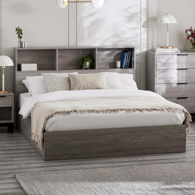 Julian Bowen Bali 135Cm Double Grey Oak Effect Bookcase Shelf Headboard Lift-Up Ottoman Storage Bed - image 1