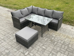 Fimous Rattan Garden Furniture Corner Sofa Set With Oblong Dining Table Big Footstool Outdoor Rattan Set - thumbnail 2