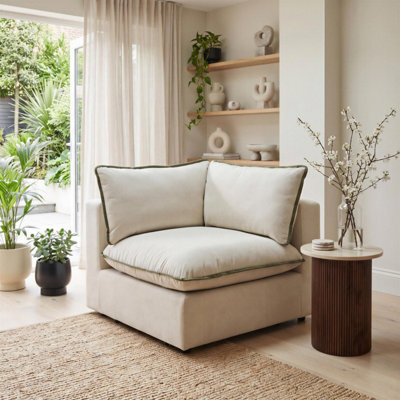 Furniturebox Uk Echo Cream & Green Trim Linen-Look Fabric Corner Armchair For Modular Sofa - image 1