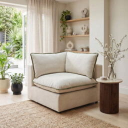 Furniturebox Uk Echo Cream & Green Trim Linen-Look Fabric Corner Armchair For Modular Sofa - thumbnail 1