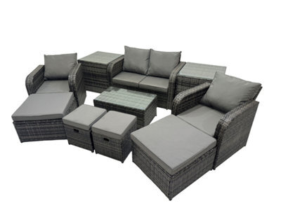 Fimous Outdoor Love Sofa Reclining Chair Coffee Table Set Garden Rattan Furniture Set 8 Seater With 4 Stools 2 Side Tables - image 1