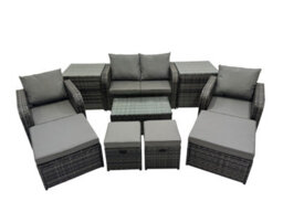 Fimous Outdoor Love Sofa Reclining Chair Coffee Table Set Garden Rattan Furniture Set 8 Seater With 4 Stools 2 Side Tables - thumbnail 2