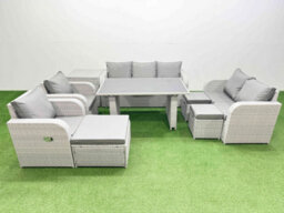 Fimous 10 Seater Garden Furniture Set Pe Ratten Garden Sofa Set With Rectangular Dining Table 3 Stool Side Table Light Grey - thumbnail 2