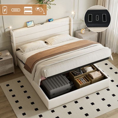 Btm 5Ft King Upholstered Bed With Hydraulic Storage Adjustable Led Headboard Usb And Type C Ports Beige - image 1