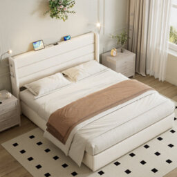 Btm 5Ft King Upholstered Bed With Hydraulic Storage Adjustable Led Headboard Usb And Type C Ports Beige - thumbnail 4
