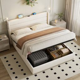 Btm 5Ft King Upholstered Bed With Hydraulic Storage Adjustable Led Headboard Usb And Type C Ports Beige - thumbnail 2