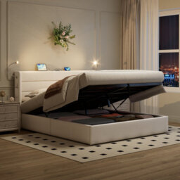 Btm 5Ft King Upholstered Bed With Hydraulic Storage Adjustable Led Headboard Usb And Type C Ports Beige - thumbnail 3