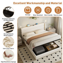 Btm 5Ft King Upholstered Bed With Hydraulic Storage Adjustable Led Headboard Usb And Type C Ports Beige - thumbnail 8