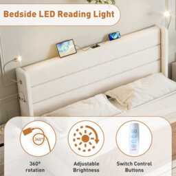 Btm 5Ft King Upholstered Bed With Hydraulic Storage Adjustable Led Headboard Usb And Type C Ports Beige - thumbnail 6