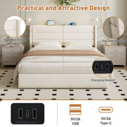 Btm 5Ft King Upholstered Bed With Hydraulic Storage Adjustable Led Headboard Usb And Type C Ports Beige - thumbnail 7