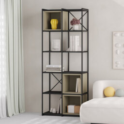 Decortie Modern Vale Midi Bookcase Display Unit 5-Tier Metal Frame 3 Adjustable Shelf 18mm Engineered Wood (Black Wood, Ash Green)