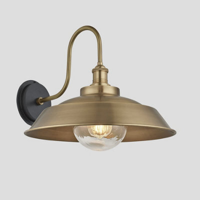 Industville Swan Neck Outdoor & Bathroom Step Wall Light, 16 Inch, Brass, Brass Holder, Globe Glass