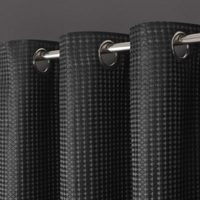 Velosso Waffle Weave Total Blackout Jacquard Eyelet Header Curtains - Charcoal