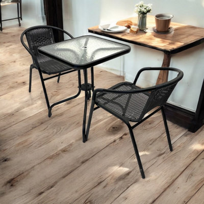 Black Rattan Balcony Set Square Glass Table & 2 Rattan Chairs Be Furniture - image 1