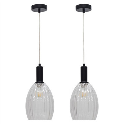 First Choice Lighting Set Of 2 Birch - Clear Fluted Glass Black Deco Pendant Fittings - image 1