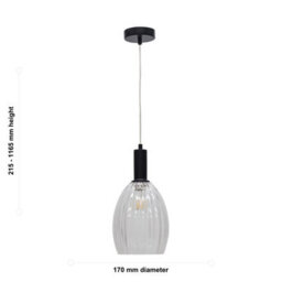 First Choice Lighting Set Of 2 Birch - Clear Fluted Glass Black Deco Pendant Fittings - thumbnail 6