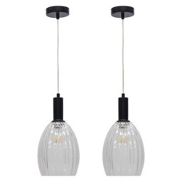 First Choice Lighting Set Of 2 Birch - Clear Fluted Glass Black Deco Pendant Fittings - thumbnail 1