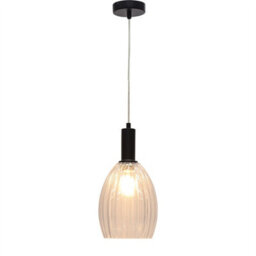 First Choice Lighting Set Of 2 Birch - Clear Fluted Glass Black Deco Pendant Fittings - thumbnail 3