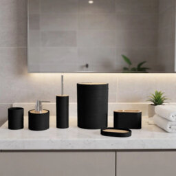 15 Piece Bathroom Essentials Set Black Colour Soap Dispenser Toothbrush Holder Organiser - thumbnail 3