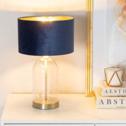 Valuelights Jessy Glass With Gold Trim Table Lamp With Navy Blue Velvet With Gold Inner Lamp Shade And Led Bulb