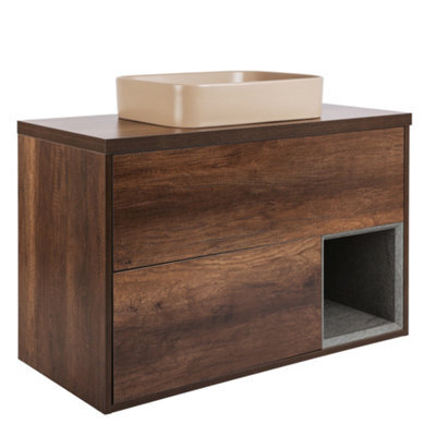 Homestylestore Dark Oak 1000mm Led Lit Wall Hung Bathroom Vanity Unit With Rectangular Sand Countertop Basin - image 1