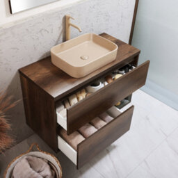Homestylestore Dark Oak 1000mm Led Lit Wall Hung Bathroom Vanity Unit With Rectangular Sand Countertop Basin - thumbnail 2