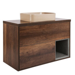 Homestylestore Dark Oak 1000mm Led Lit Wall Hung Bathroom Vanity Unit With Rectangular Sand Countertop Basin - thumbnail 1
