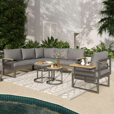 Btm 6-7 Seater Garden Lounge Set, Iron Frame, Reclining Seats, Plastic Wood Table, Grey - image 1