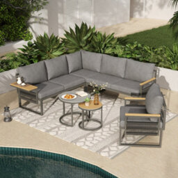 Btm 6-7 Seater Garden Lounge Set, Iron Frame, Reclining Seats, Plastic Wood Table, Grey - thumbnail 4
