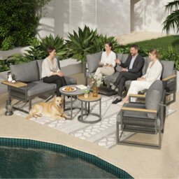 Btm 6-7 Seater Garden Lounge Set, Iron Frame, Reclining Seats, Plastic Wood Table, Grey - thumbnail 7