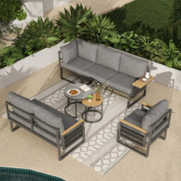 Btm 6-7 Seater Garden Lounge Set, Iron Frame, Reclining Seats, Plastic Wood Table, Grey - thumbnail 5