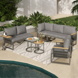 Btm 6-7 Seater Garden Lounge Set, Iron Frame, Reclining Seats, Plastic Wood Table, Grey - thumbnail 6