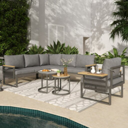 Btm 6-7 Seater Garden Lounge Set, Iron Frame, Reclining Seats, Plastic Wood Table, Grey - thumbnail 1
