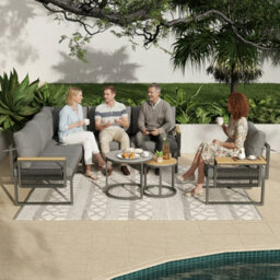 Btm 6-7 Seater Garden Lounge Set, Iron Frame, Reclining Seats, Plastic Wood Table, Grey - thumbnail 8