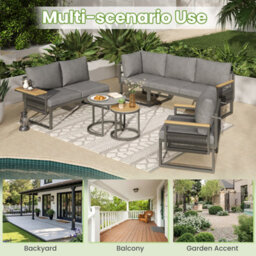 Btm 6-7 Seater Garden Lounge Set, Iron Frame, Reclining Seats, Plastic Wood Table, Grey - thumbnail 9
