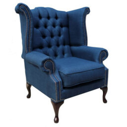 Chesterfield High Back Chair Charles Midnight Blue Linen Fabric In Queen Anne Style - thumbnail 1